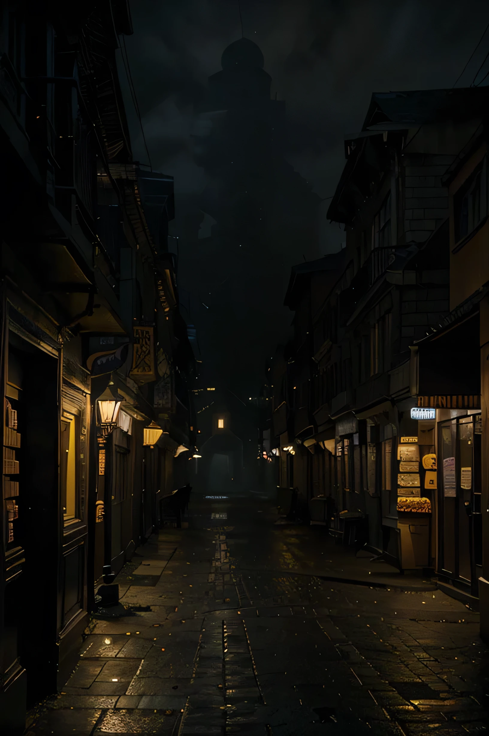 a beautiful night street scene, a dimly lit pharmacy, a lone street lamp, a dark alley,  moody lighting, cinematic composition, warm yellow tones, chiaroscuro lighting, atmospheric fog, detailed architecture, intricate details, dramatic shadows, photorealistic, hyperrealistic, 8k, ultra-detailed, cinematic, realistic, vibrant colors