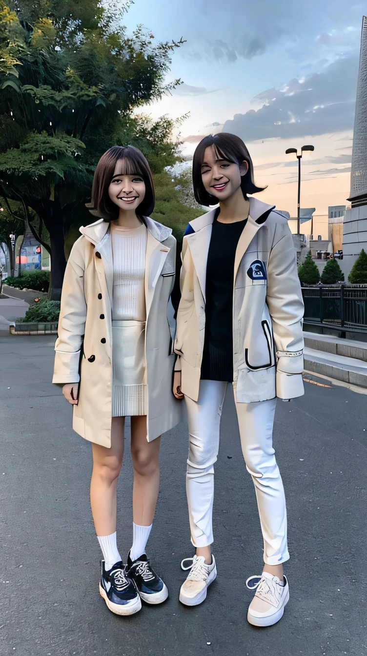 Two women wearing coats、White jeans and sneakers。Full body photo、Are standing、short hair、smile、The background is a park at night。.