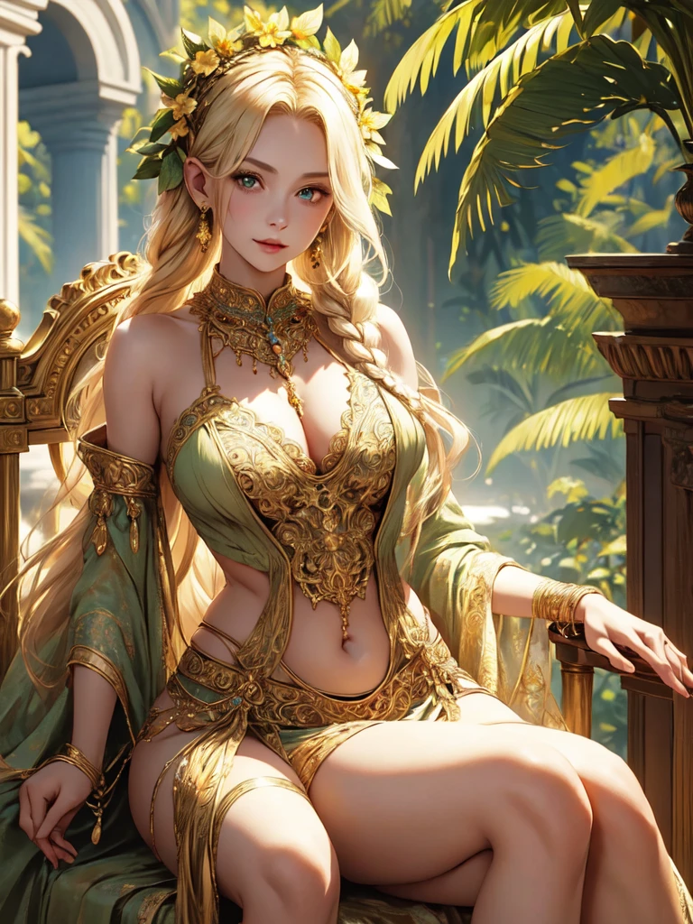 (complex parts),
Sun Ray, depth of field,
ковбойский снимок BREAK 1girl, sitting,
(curvy body), thin waist, wide hips, big hips,
blonde hair, long braided hair, green eyes, pointed ears,
(ornate outfit), revealing dress with gold trim,
(ornate jewelry), Wreath on the head, BREAK throne room gold trim necklace, jungle, hibiscus flowers