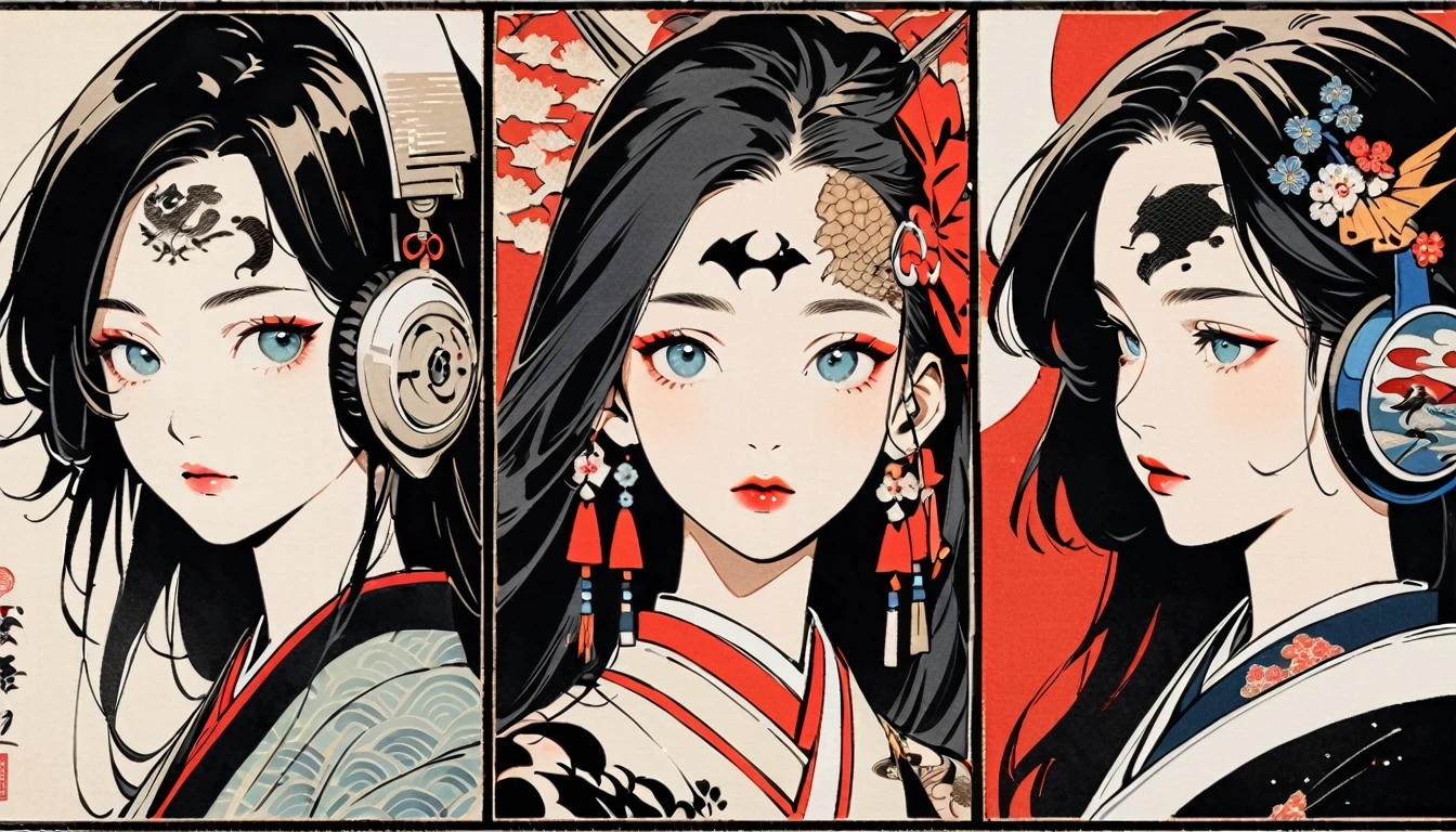 (((Ink Painting))), Fashion portrait color photos, (((1 girl))), (((Tattoo in the center of the forehead))), (((Very flashy hair accessories))), (((Very flashy makeup))), Japanese style headphones, devil, face close-up, front view, Japan人の美少女, Black Hair, Delicate and precise, Modern ukiyo-e style,Japan, Japanese flag