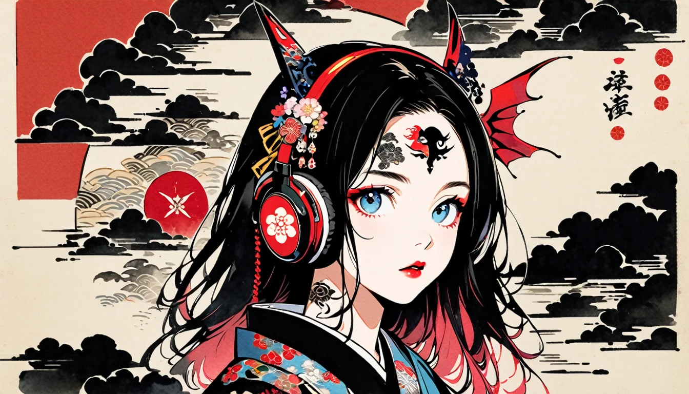 (((Ink Painting))), Fashion portrait color photos, (((1 girl))), (((Tattoo in the center of the forehead))), (((Very flashy hair accessories))), (((Very flashy makeup))), Japanese style headphones, devil, face close-up, front view, Japan人の美少女, Black Hair, Delicate and precise, Modern ukiyo-e style,Japan, Japanese flag