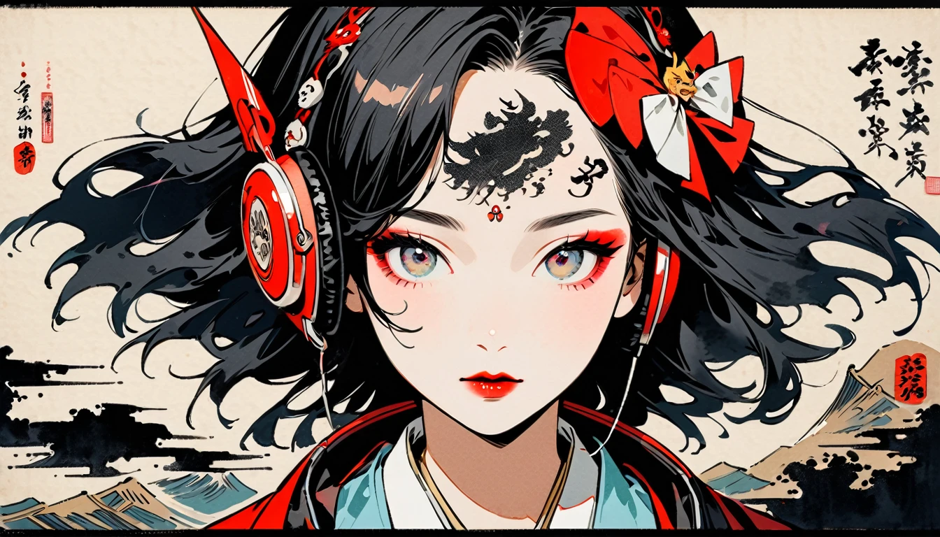 (((Ink Painting))), Fashion portrait color photos, (((1 girl))), (((Tattoo in the center of the forehead))), (((Very flashy hair accessories))), (((Very flashy makeup))), Japanese style headphones, devil, face close-up, front view, Japan人の美少女, Black Hair, Delicate and precise, Modern ukiyo-e style,Japan, Japanese flag
