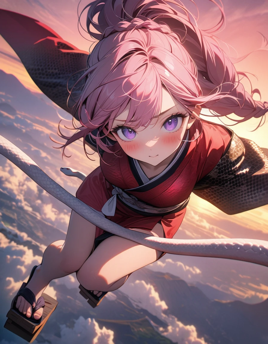 (8K, best quality, master piece: 1.2),super high resolution,1 Beautiful woman,20yo,(The woman is flying,Astride a white snake),ultra-detailed face,detailed eyes,braid ponytail,pink hair,lash extension,Purple eyes,uneasy,Blush,python printed silver kimono,BREAK,red obi,looking at viewer,geta,Above the sky,Twilight