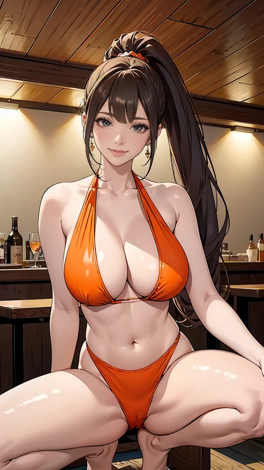 (highest quality, masterpiece:), ultra-high resolution, two women in swimsuit standing side by side, night, in the pub, Japanese model, young and beautiful gravure idol, squatting, spread legs:1.3, tight, wearing an orange color beautiful swimsuit, high leg, gigantic breasts, puffy nipple:1.4, bangs, wavy long hair, ponytail, earrings, beauty, victory smile, mature woman, please face forward and look at the camera,