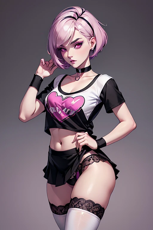 An effeminate girl, with a delicate and beautiful face. has a thin body, but well designed, your skin is white and very pale. Her hair is dark with magenta highlights, likes to wear makeup, ((Wear a black choker)), outfit emocore, cute panties, lace high socks, band t-shirt.
