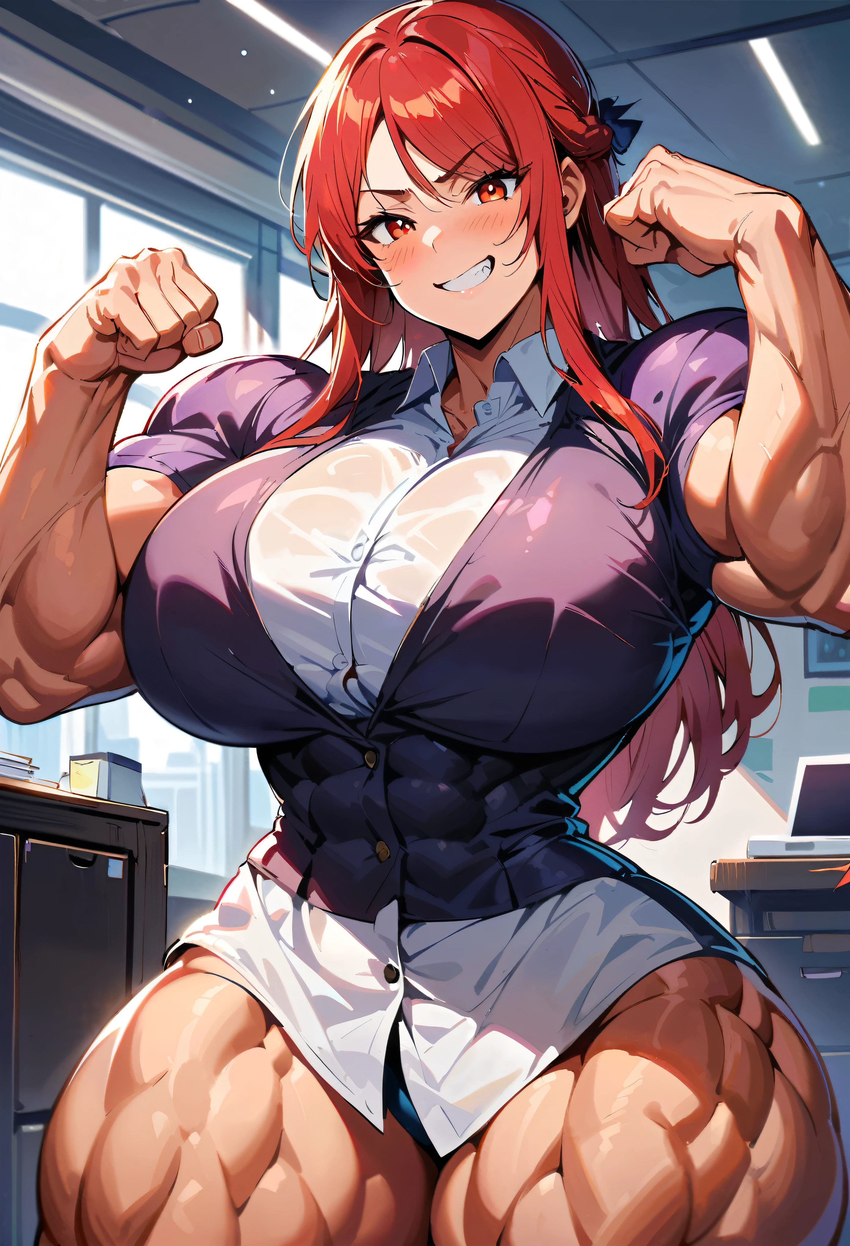 ((best quality)), ((masterpiece)), (detailed), (perfect anatomy), (exquisite clothing); Bedroom; 1girl, tall girl, solo, flexing biceps; Perfect face, red hair, hair, fanged bangs, sidelocks, cheek blush, red eyes, black pupils, proud, confident, smug grin; (Muscular:3.9), pumped up, (muscular veins), deltoids, trapezius, huge breasts, biceps, triceps, abs, obliques, long waist, wide hips, glutes, (muscular thighs:1.8), quads, lats, office uniform, secretarist, pastor, clean