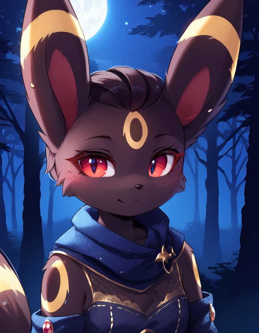 score_9, score_8_up, score_7_up, source_furry, rating_safe, (ancesra), by magnaluna,, 1girl,anthro, umbreon, black body fur, gold markings, pokemon, red eyes, fluffy fur, at night, moonlight, forest, detailed background, best quality, clothing