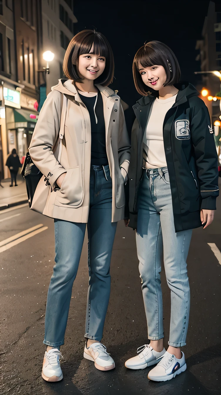 Two women wearing coats、White jeans and sneakers。Full body photo、Are standing、short hair、smile、The background is a park at night。.
