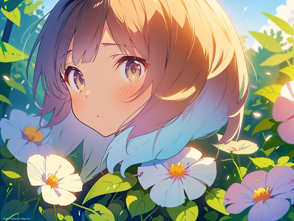 kawaii, anime, Cute, hyper quality, highly detailed, 8k, Clarity, Draw facial expressions in detail, A junior high school student with long dark brown hair and green eyes., wink, after the rain, the ground is wet, hold an umbrella, rainbow in the sky, cumulonimbus, morning glory, morning glory flower, colorful morning glory, pink morning glory flower, white morning glory flower, blue morning glory flower, morning glory, Draw facial expressions in detail, Morning glory growing tall, Morning glory flower with trumpet-shaped petals, holding a kiwi in hand,