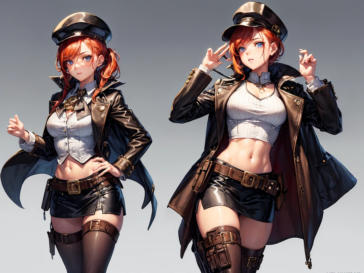 ((masterpiece)),(((best quality))),(character design sheet, same character, front, side, back), illustration, environment change scene, (simple background, white background: 1.3), (fullBody), character turnaround, Front view, Side view, Back view class, multiple views,
Female,
Apparel: Young Adult, Slender, Cute and Sexy, Freckles, Pigtail Hair, Ginger Hair, Blue Eyes,
Aesthetic: (Steampunk, Detective)
Outfit: Detective Outfit, White Shirt, Crop top Shirt, Midriff, , Half Glove, Leather Socks, Detective Cape, Belt, flat cap, V-neck Vest, Mini Skirt, Micro skirt,
Accessories: Stopwatch,
Object: Suitcase