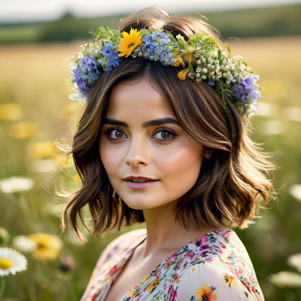 Jenna Coleman A beautiful woman with short brown hair, soft makeup, realistic lighting , details on the face, perfect brown eyes , summer blouse, flower crown in hair,swirly vibrant colors,Lightly open mouth,teeth appearing,in an open field,