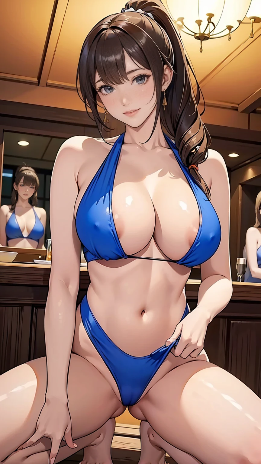 (highest quality, masterpiece:), ultra-high resolution, two women in swimsuit standing side by side, night, in the pub, Japanese model, young and beautiful gravure idol, squatting, spread legs:1.3, tight, wearing an orange color beautiful swimsuit, high leg, gigantic breasts, puffy nipple:1.4, bangs, wavy long hair, ponytail, earrings, beauty, victory smile, mature woman, please face forward and look at the camera,