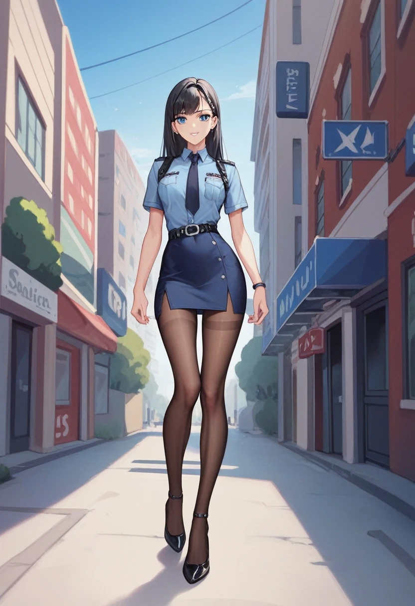 An absurd solution, High resolution, (masterpiece:1.4), Super detailed, One girl,Blue colored eyes, Long black hair，Please wear a police uniform and a short skirt, White handbag、pantyhose、City streets,Sexy posture, The camera is close to the body