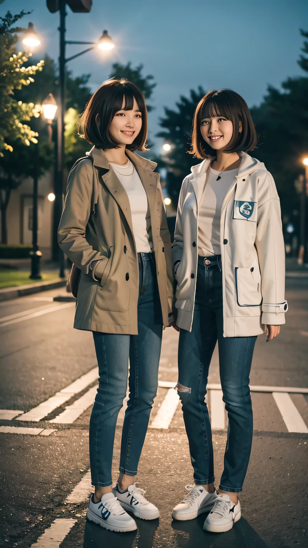 Two women wearing coats、White jeans and sneakers。Full body photo、Are standing、short hair、smile、The background is a park at night。.
