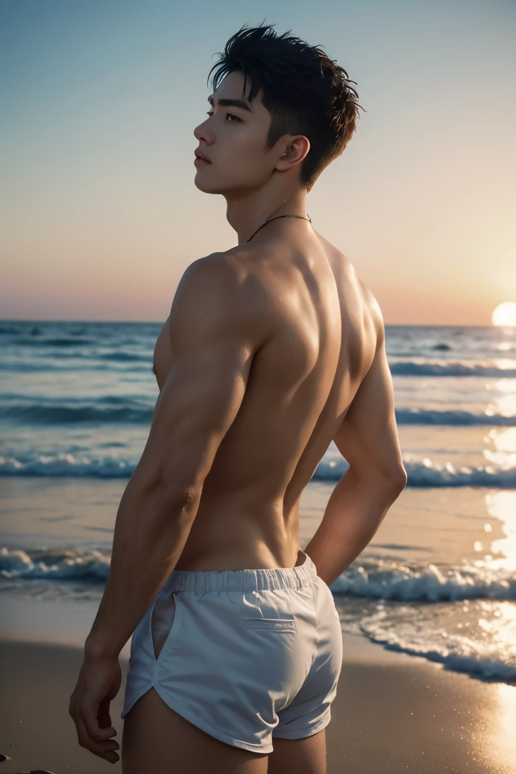 highest quality、masterpiece、Super high resolution、(realistic:1.4)、detailed face、solo、(１human male)、black hair、glowing skin、dense skin、(Asian)、architecture、(absurd、High resolution、super detailed)、、1 male、adult、(20 year old male)、Handsome、tall muscular man、wide shoulders、extra belly short hair、square jaw、thick neck、thick eyebrows、(extra belly short hair)、black hairの、small eyes and small face、wearing small micro thong, Highly detailed CG Unity 8K wallpaper、intricate details、(style swirl magic:0.7)、looking at the audience、solo、(Full body Esbian:0.6)、detailed background、detailed face、dynamic pose、、dynamic composition、 big muscles、、Handsome、 ((table top:1.4, highest quality)), ((table top, highest quality)), (photo-realistic:1.4)、Sea and trees々々々々々々々々々々々々々々々々々々々々々々々々々々々Beautiful sunset on background, colorful skies, surreal colors, colorful sunset, Colorful sky, Amazing reflections of the sky, Amazing skies, Dreams as an 8K atmosphere, Colorful clouds, Color reflected in the sea, Surreal sky, Red and blue reflections, Fire reflection, beautiful sky, beautiful and spectacular dusk, Beautiful dream landscape、japanese men、((((back view))))、silhouette、back, full body shot.