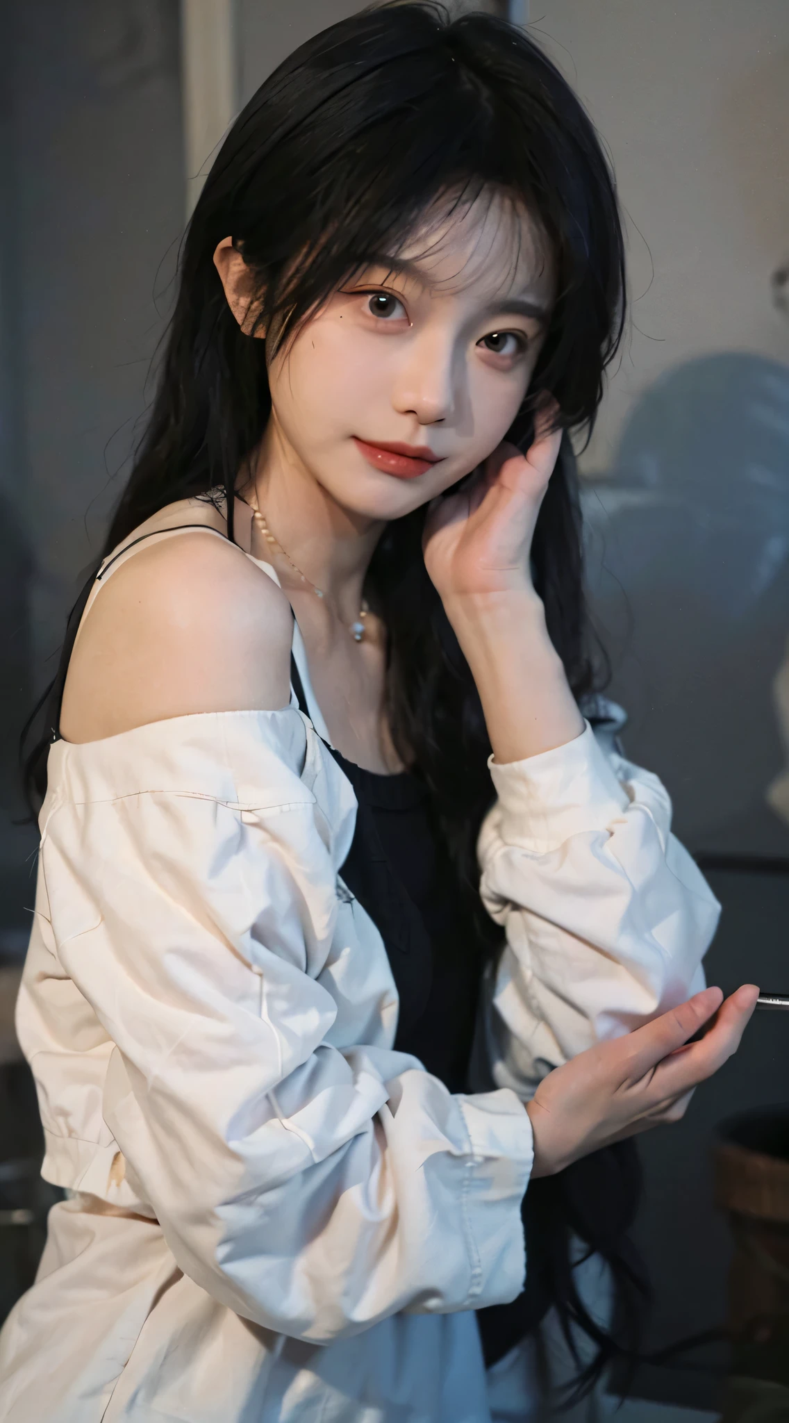 best qualtiy, Ultra-high resolution, (realisticlying:1.4),cute hairpin,1girll,,Cropped black sweater ,Beautiful woman with a slim figure:1.4, abs:1.1, bathroom,Ultra-fine face,Elaborate Eyes,double eyelid,choker necklace
