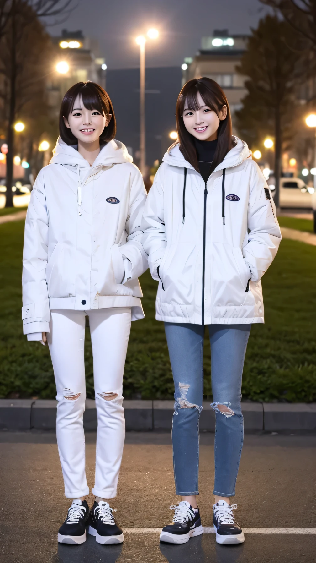 Two women wearing coats、White jeans and sneakers。Full body photo、Are standing、、smile、The background is a park at night。.
