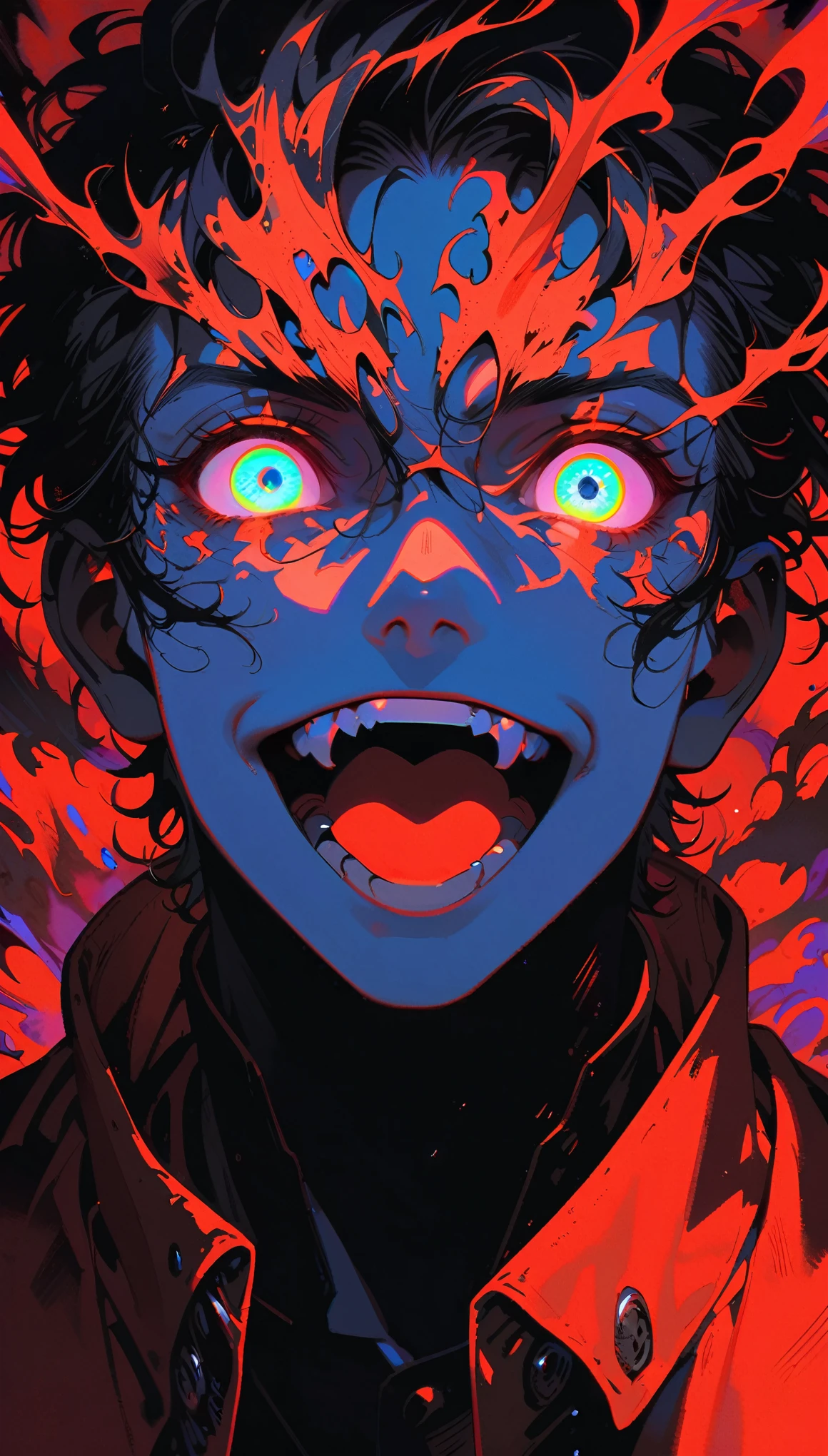Solitary, Looking at the audience, Smile, 1 boy, jacket, monochrome, Male focus, Open your mouth, Luminescence, portrait, Luminescence eyes, Spot Color, Boss, Luminescence eye, Red Theme ,Anime type and high detail