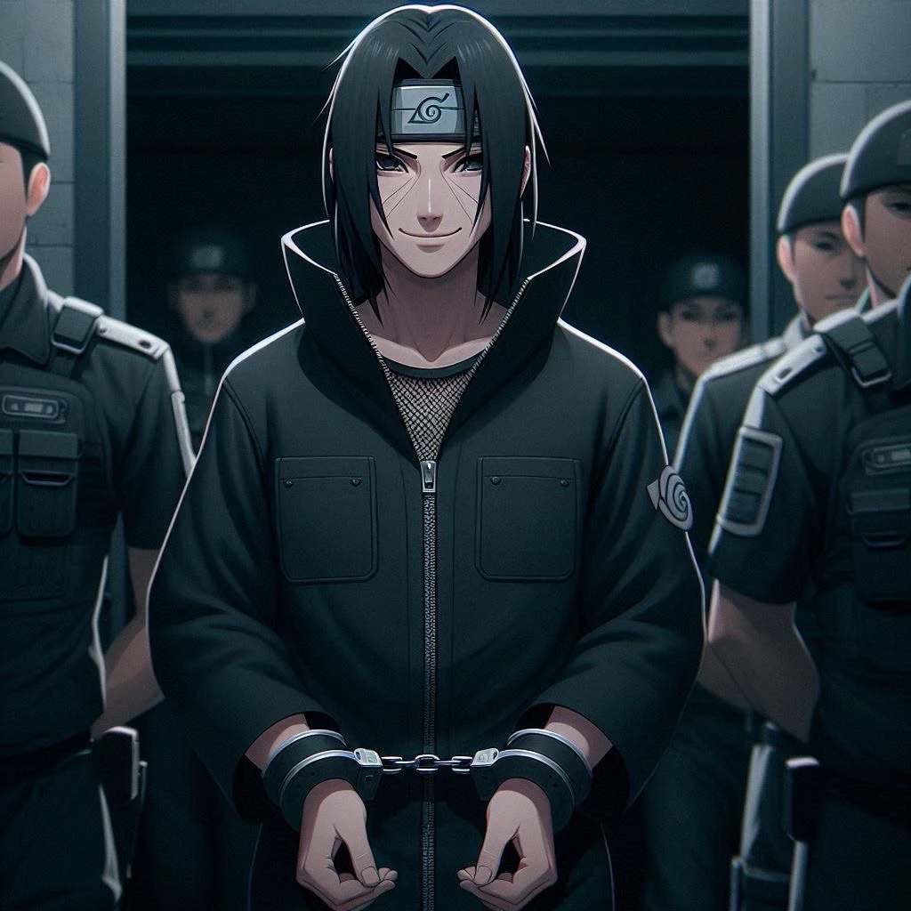 A man with black hair in handcuffs, several men stand around him