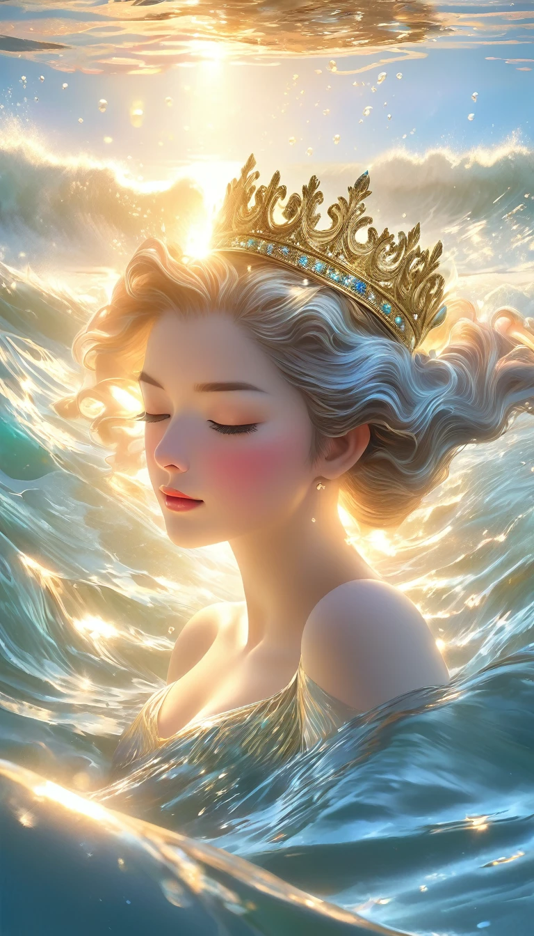 8K Ultra HD, the apple crown 8K Ultra HD, ultra-realistic, In the gentle embrace of the tranquil waters, behold a mesmerizing spectacle - the ripples dancing in perfect harmony, converging into the shape of a crown, Each droplet, like a painter's brushstroke, contributes to this exquisite masterpiece of nature's artistry, The crown-shaped pattern shimmers with a mesmerizing radiance, reflecting the sun's golden hues and the azure of the sky above, As the waves gently caress the shore, the crown's form remains fleeting, yet etched forever in the memories of those fortunate enough to witness this enchanting sight, The water's embrace creates a symbol of love and serenity, reminding us of the profound beauty and magic that nature can bestow upon us, by yukisakura, highly detailed,