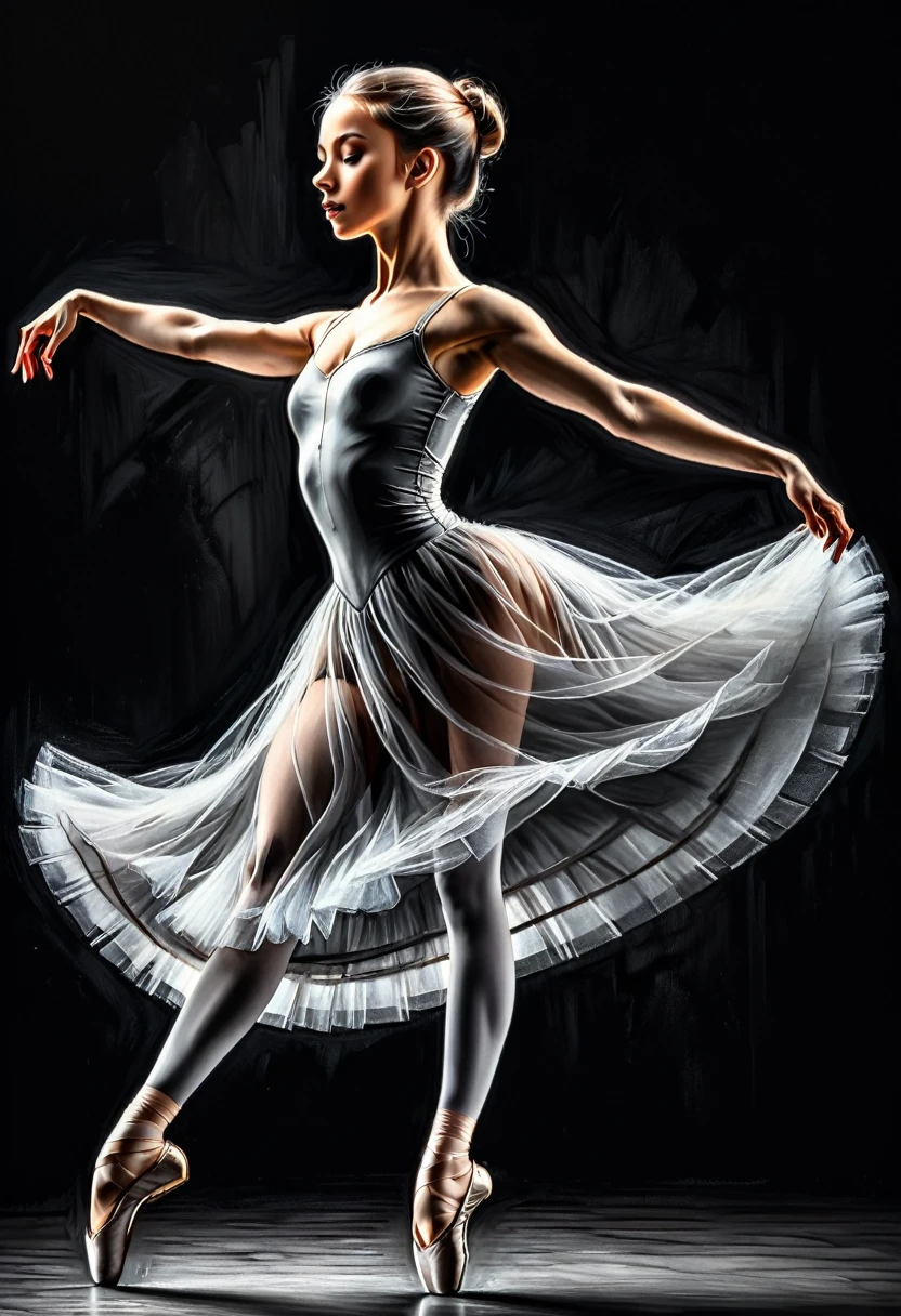 a charcoal portrait art of  classical ballet prima ballerina dancing, a full body picture ((anatomically correct: 1.5)) of a exquisite beautiful female dancer ibrant, Ultra-high resolution, High Contrast, (masterpiece:1.5), highest quality, Best aesthetics), best details, best quality, highres, 16k, (ultra detailed: 1.5), masterpiece, best quality, (extremely detailed) RAW, (ultra details, Masterpiece, best quality), dyanamic background,  CharcoalDarkStyle, artxldnc