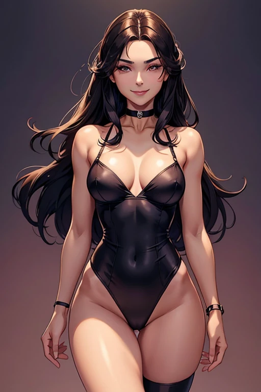 A beautiful girl, clean and nice smile, long dark hair, silky and voluminous, a stunning body, Waist slender, athletic body, pair of firm, well-shaped breasts, ((wearing choker)), small and provocative panties.