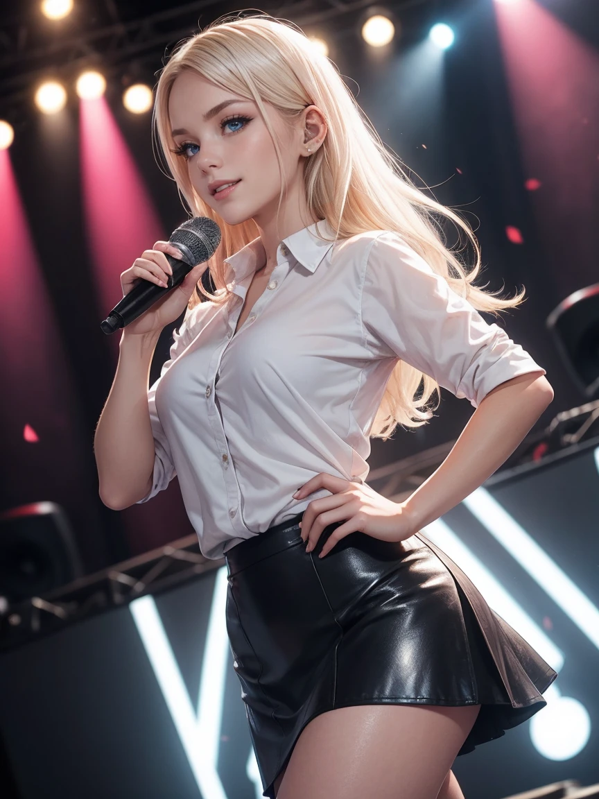 The mysterious image of a woman named Marina, a Russian with smooth white skin, bright blue eyes, long naturally shiny platinum blonde hair. Marina has a delicate face, high nose, pink lips, a radiant smile, a large bust, holding a microphone, wearing a short-sleeved white shirt, a tight-fitting leather skirt (black), long legs, black high heels, performing on a music stage (walking posture), full view (wide angle shot) from the front of the stage.