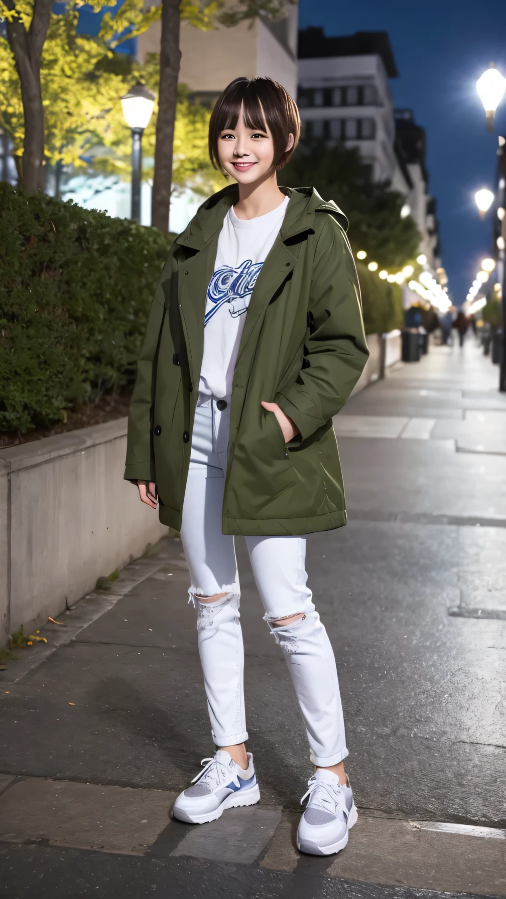 Woman in coat、White jeans and sneakers。Full body photo、Are standing、Short Haircut、、smile、The background is a park at night。.