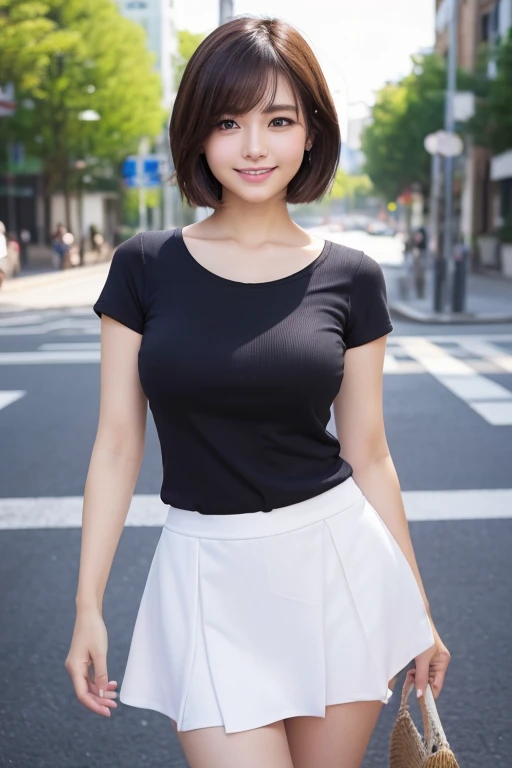 (One Girl), Very cute face, Great face and eyes, (Highly detailed eyes, Highly detailed face), Fresh, Very beautiful appearance, (Ultra-realistic, High resolution), (Highest quality:1.4), RAW Photos, (Realistic, Photorealistic:1.37), Professional photography,Leg Details、(Spread your legs:0.7)、(Lace panties:0.9)、(Wind力上昇:1.6)、whole body、Wind、city、Outdoor、Big Breasts、Casual clothing、T-Shirts、Plain、skirt、whole body、short hair、Tanuki face、smile