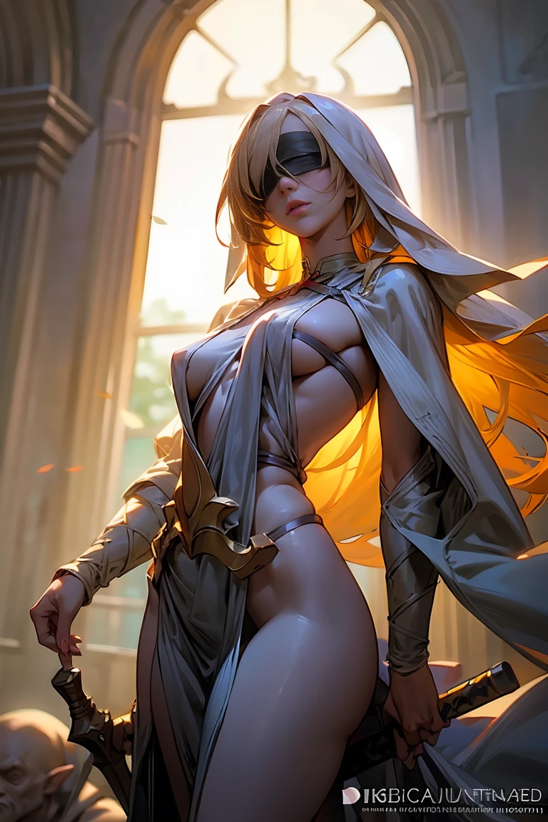 A beautiful girl, raiden from goblin slayer, extremely detailed face, beautiful eyes, beautiful lips, flawless skin, tall, slender figure, long yellow hair, naked, holding a large sword, cinematic dramatic pose, wearing a blindfold, surrounded by goblins, masterpiece, photorealistic, 8k, ultra-detailed, high quality, fantasy, concept art