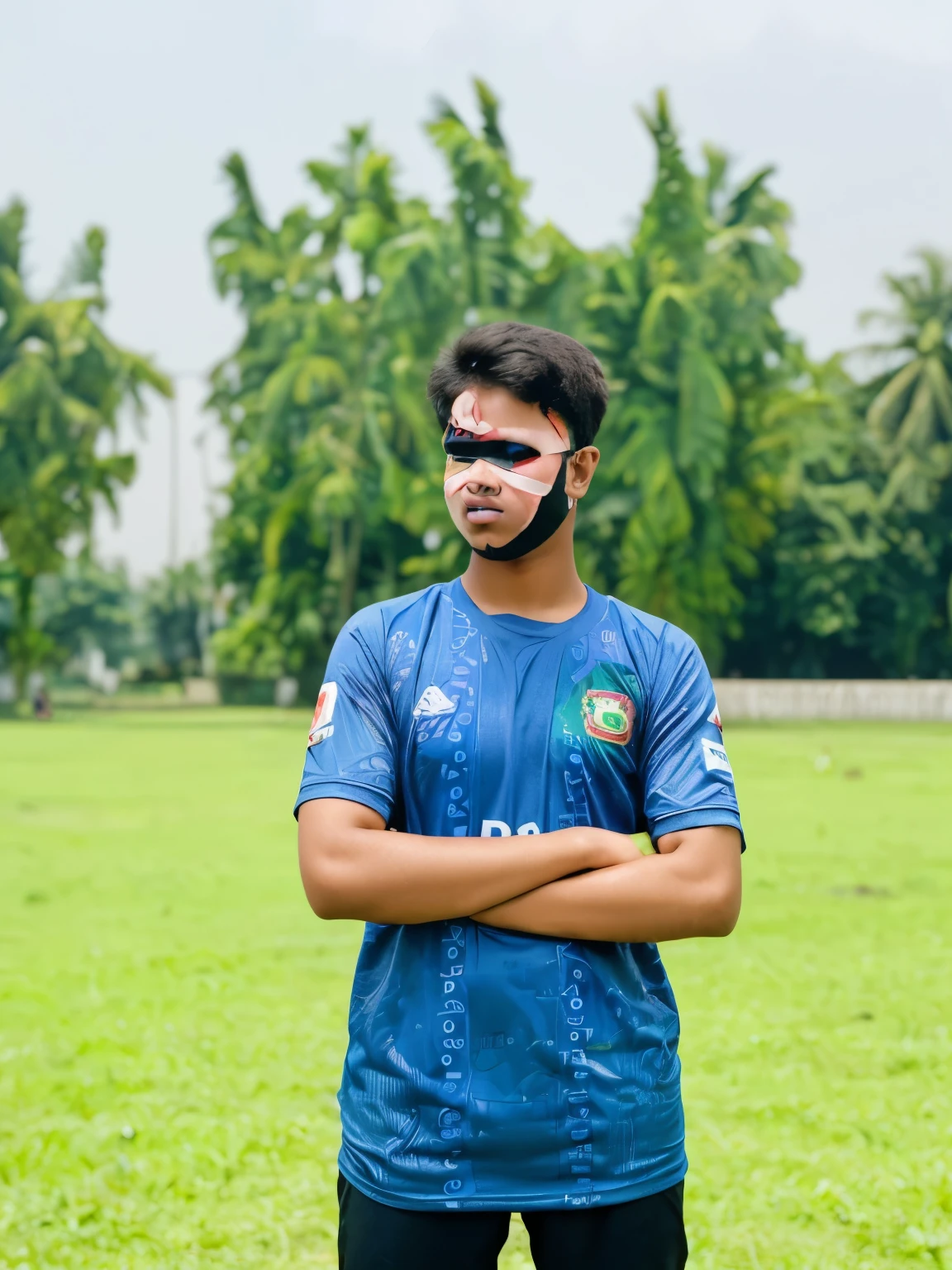 A 20-year-old boy in front of the Bangladeshi flag on the back. Wearing the jersey of Bangladesh. The jersey has 'NAFIL' written in English and the face and eyes are covered in red cloth.