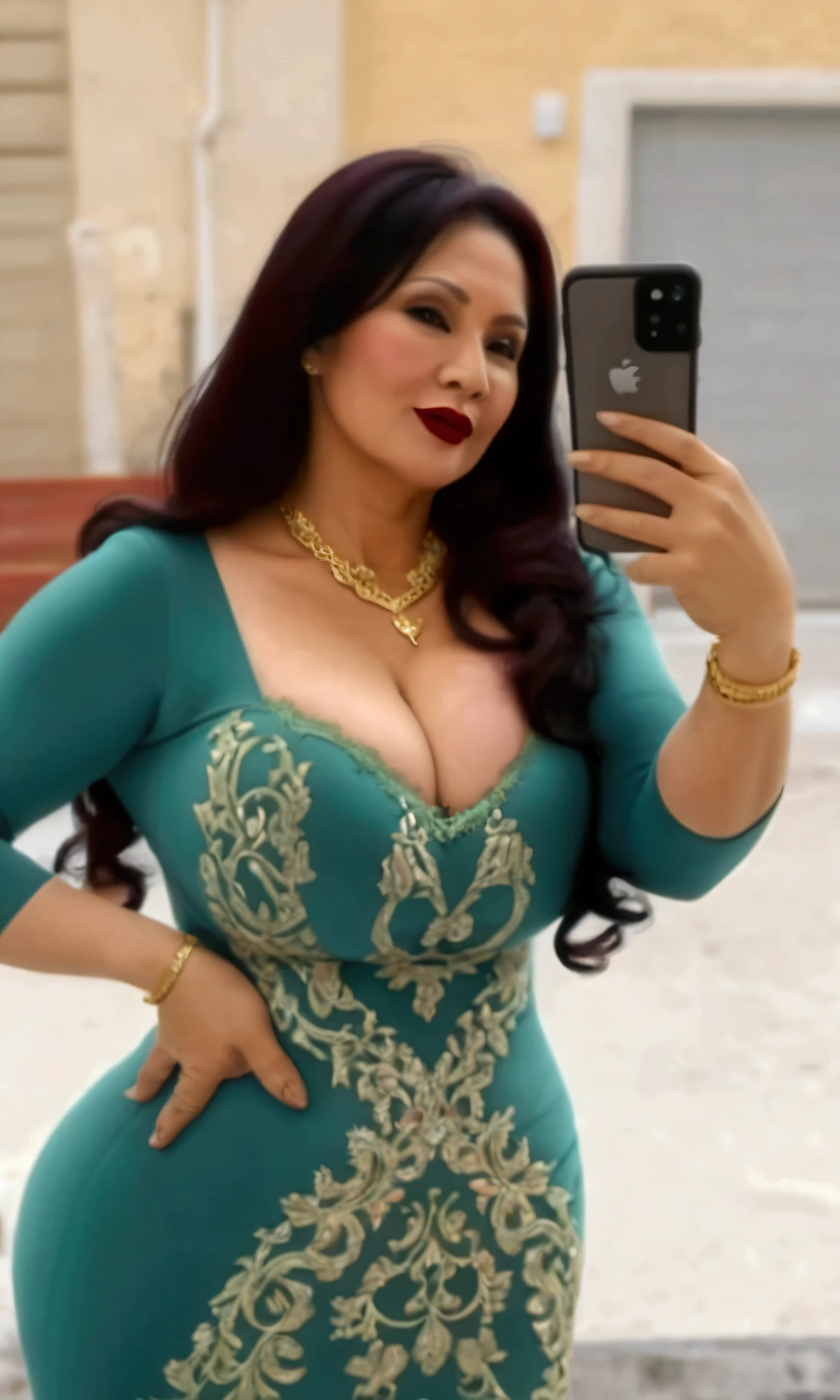 55 Years old, Indonesian mature woman, wearing Wide Hijab, (PAWG : 1.4), (BBW : 1.4), Oily White Like Porcelain Skin, perfect Six pack abs : 1.3, (natural Massive Extra Huge breast : 1.5), (Black Sensual Lipstick : 1.2), gorgeous eyes, Soft smile, wear a red lace bra and a tight transparent legging, necklace, Alluring Face, Erotic pose, DayTime walk, City garden, Excellent lighting, Light colors, Clean lines
