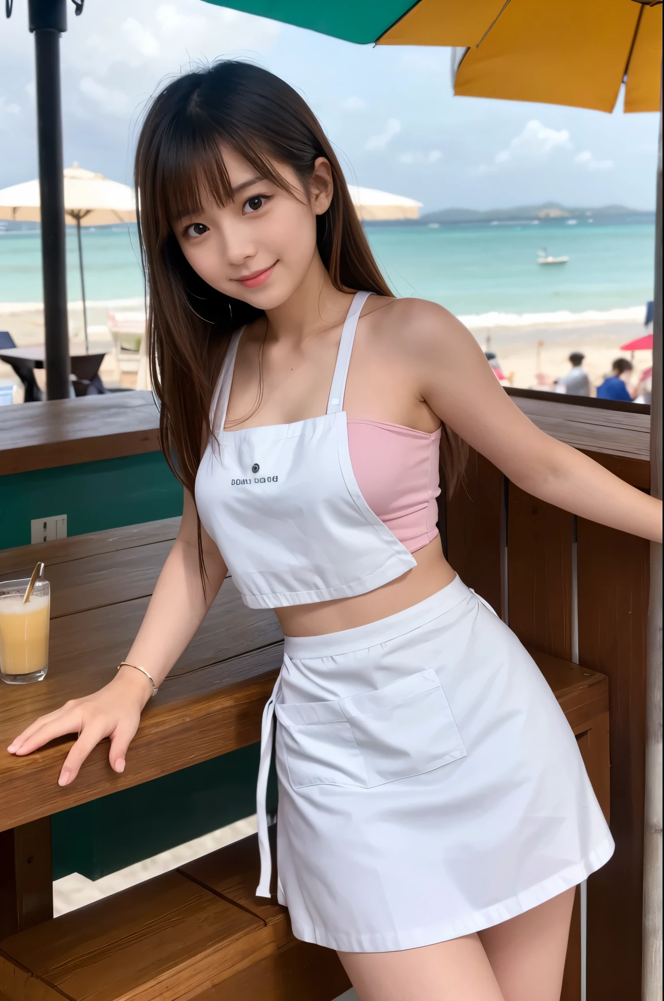 20 years old girl (Japanese pretty face) is wearing white apron, mini skirt at the beach bar