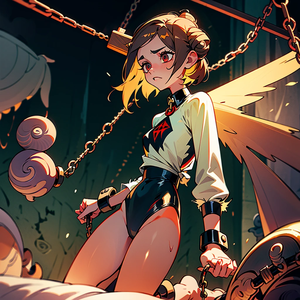 A blonde female rat girl wearing a torn white tee-shirt with a red pentagram logo and black two-piece swimsuit bottom is chained to a bed by all four limbs. There are cuffs wrapped around each extremity connected to the chains, a brown hair female snail girl stands looming over the bed, holding a crucifix upside-down. The snail girl is performing a religious exorcism on the rat that is chained to the bed. The rat girl chained to the bed is in distress as the snail girl excises the deamons from her body.