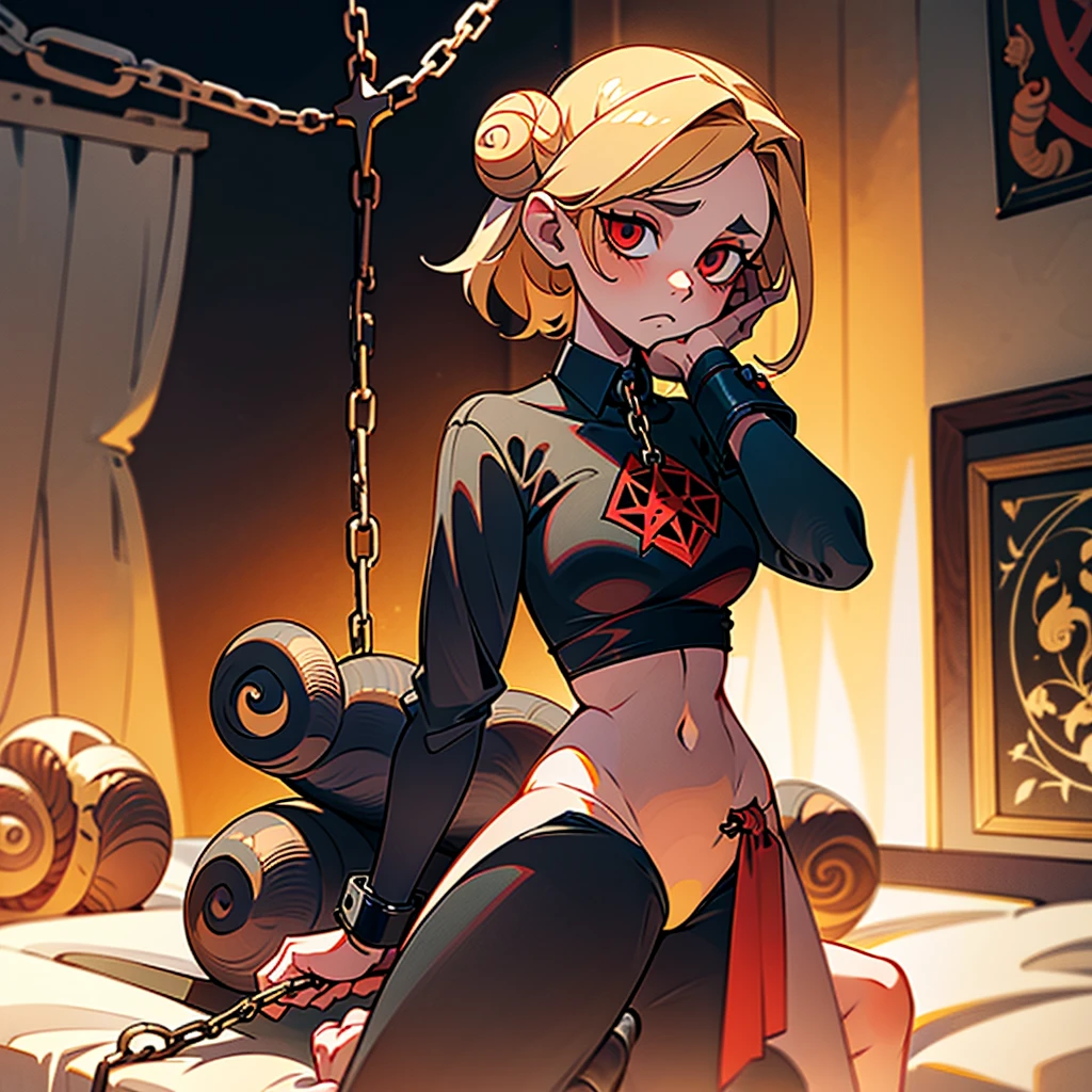 A blonde female rat girl wearing a torn white tee-shirt with a red pentagram logo and black two-piece swimsuit bottom is chained to a bed by all four limbs. There are cuffs wrapped around each extremity connected to the chains, a brown hair female snail girl stands looming over the bed, holding a crucifix upside-down. The snail girl is performing a religious exorcism on the rat that is chained to the bed. The rat girl chained to the bed is in distress as the snail girl excises the deamons from her body.