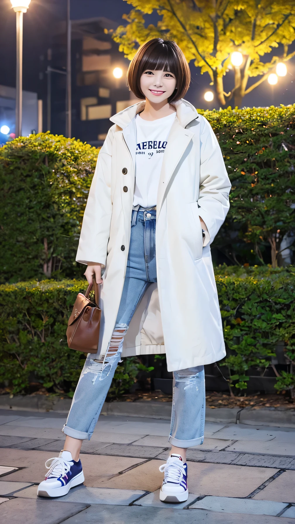 Woman in coat、White jeans and sneakers。Full body photo、Are standing、Short Haircut、、smile、The background is a park at night。.
