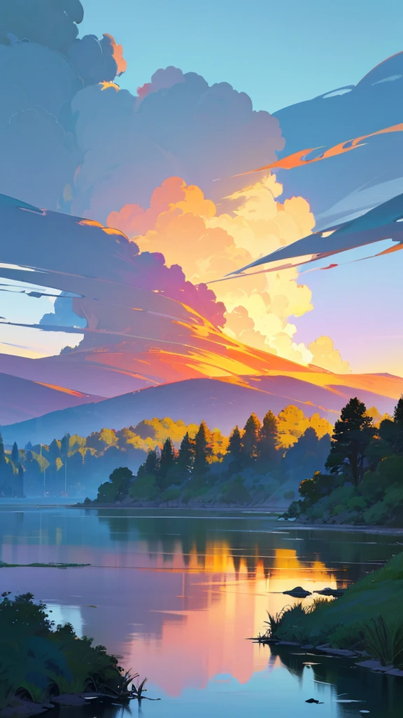 A beautiful blue sky, dramatic sunset, glowing clouds, detailed landscape, rolling hills, lush greenery, serene lake, reflection, dramatic lighting, painterly style, vibrant colors, photorealistic, 8k, high quality, masterpiece