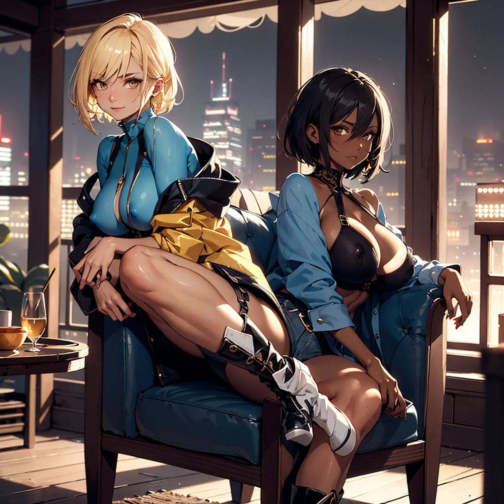 ((best quality)), ((masterpiece)), (detailed), 1girl, 8k_wallpaper, extremely detailed eyes, (large masterpiece digital art), (intricate details:1.3 ), (ultra-detailed:1.3), (sharp focus:1.3), (natural lighting:1.05), (vivid colors:1.3), (best quality:1.4), high quality, expressive cold cruel eyes, full body, detailed face with cold cruel features, ((blonde hair)), (gold eyes), {{dark skin}}, ({dark skinned female}), big breasts, huge chest, outlines of nipples under clothing, powerful strong and prominent muscles of the abdomen and legs, powerful arm muscles, a hard serious look, a predatory half-smile, she is wearing an open blue coat with gold shoulder straps with rolled up sleeves, a red tight shirt, short denim mini shorts, short Victorian style boots, she sits on a white armchair in the middle of a wide open veranda with modern Chinese furniture and interior against the background of a view of the night city, in the style of cyberpunk and fantasy,