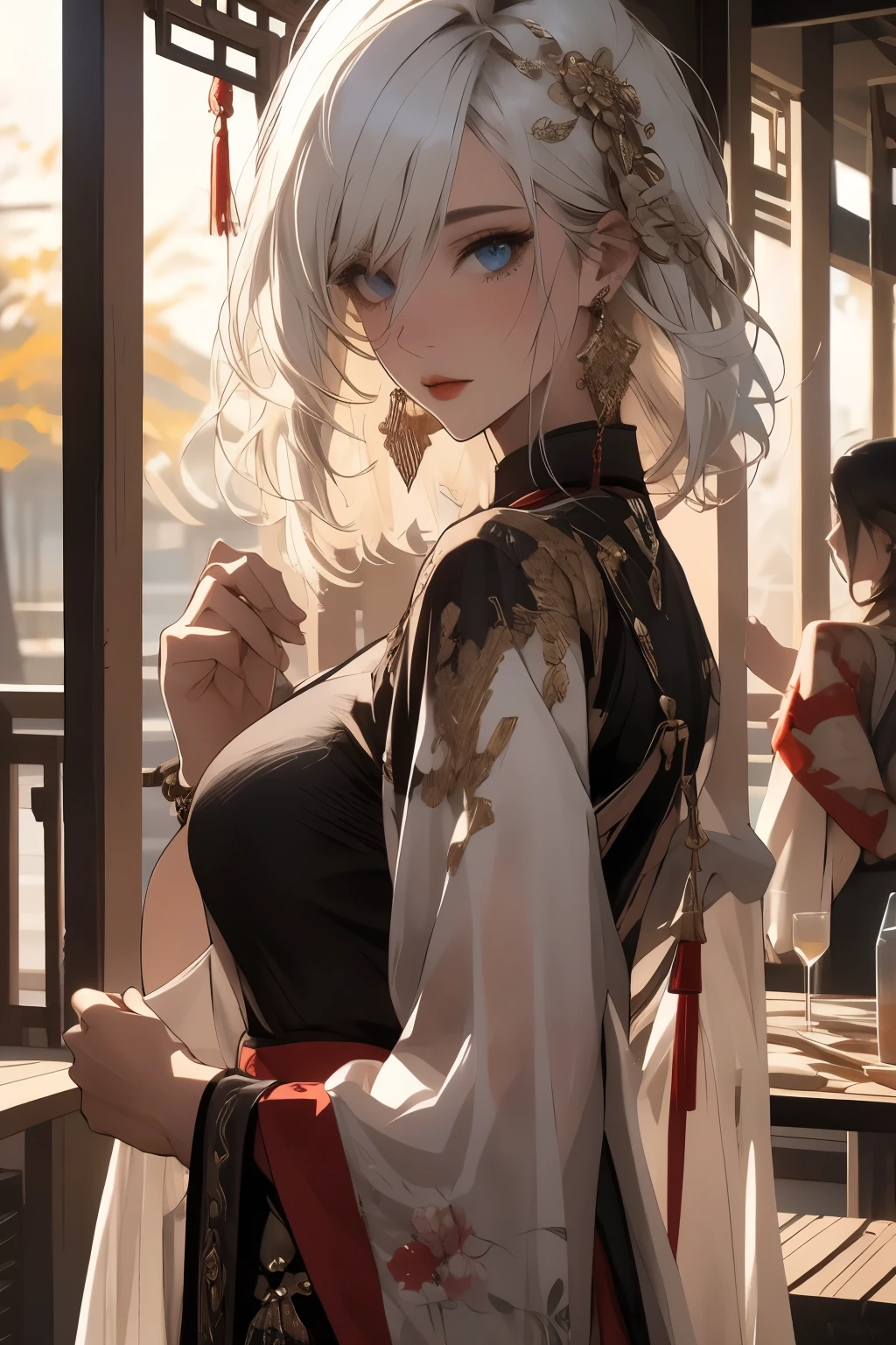 ((best quality)), ((masterpiece)), (detailed), Photorealistic, high resolution, mature woman, Hips up, Beautiful eyes, , Blue eyes, jewelry, Hanfu, Chinese fairy, Taoist uniform, เสื้อผ้าขนาดใหญ่, Curtain Bangs, white hair, หน้าอกใหญ่, HDR (high dynamic range), PBR surface, After processing, Anisotropic filtration,depth of field, Maximum clarity and clarity, multi-layered surface, perfect proportions, 8K raw files, กระโปรงสั้น, natural lighting, soft lighting, sunlight,