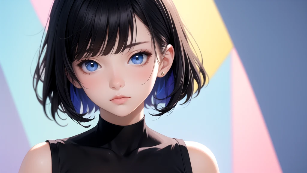 Anime style portrait, young woman with short black hair and bangs, large expressive eyes, subtle blush, facing camera, head tilted slightly, wearing dark top, blue background with posters and photos, colorful pastel aesthetic, detailed illustration, sharp focus, digital art