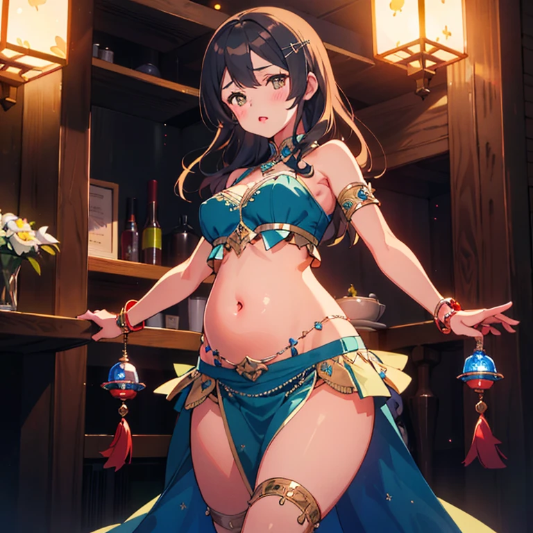 oyashio,hairclip,
,(masterpiece:1.4),(best quality:1.4), (amazing), (great illustration:1.4), (ultra-detailed:1.4), (art CG, 8K), (bellydancer:1.4), 1 girl solo,full body,(blush:1.2)