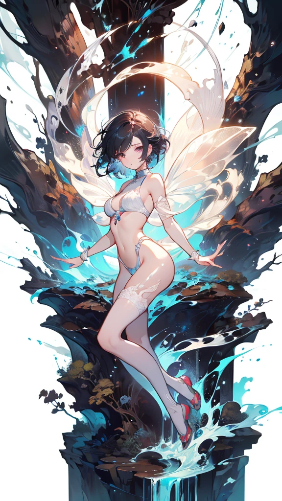 ((masterpiece, best quality)), Delicate face,Chinese Fairy,Full body painting,Perfect body proportions,short hair,beautiful eyes,Fantasy style,White background,transparent,Sex bikini,Lace,NUDE,Charm