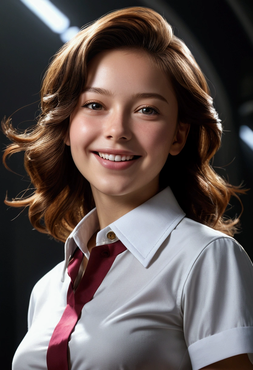 best quality, masterpiece, (photorealistic:1.4), 1girl, light smile, shirt with collars, waist up, dramatic lighting, from below
