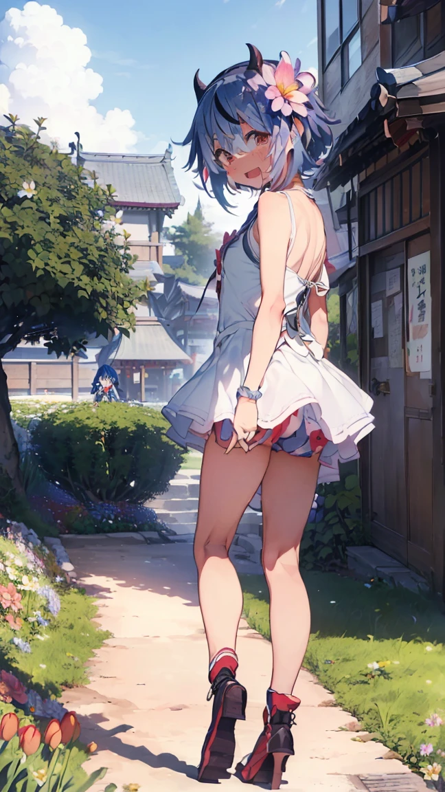 masterpiece, Highest quality, High resolution, Very detailed,(((Mikoto Naruka))), (((Various flowers are blooming。)))、(((Laughing out loud。)))、(((Standing in the distance))), (((Facing forward。))), (((Laughing with mouth open。))), (((Flower Gardenを背景に))), (((Flower Garden)))