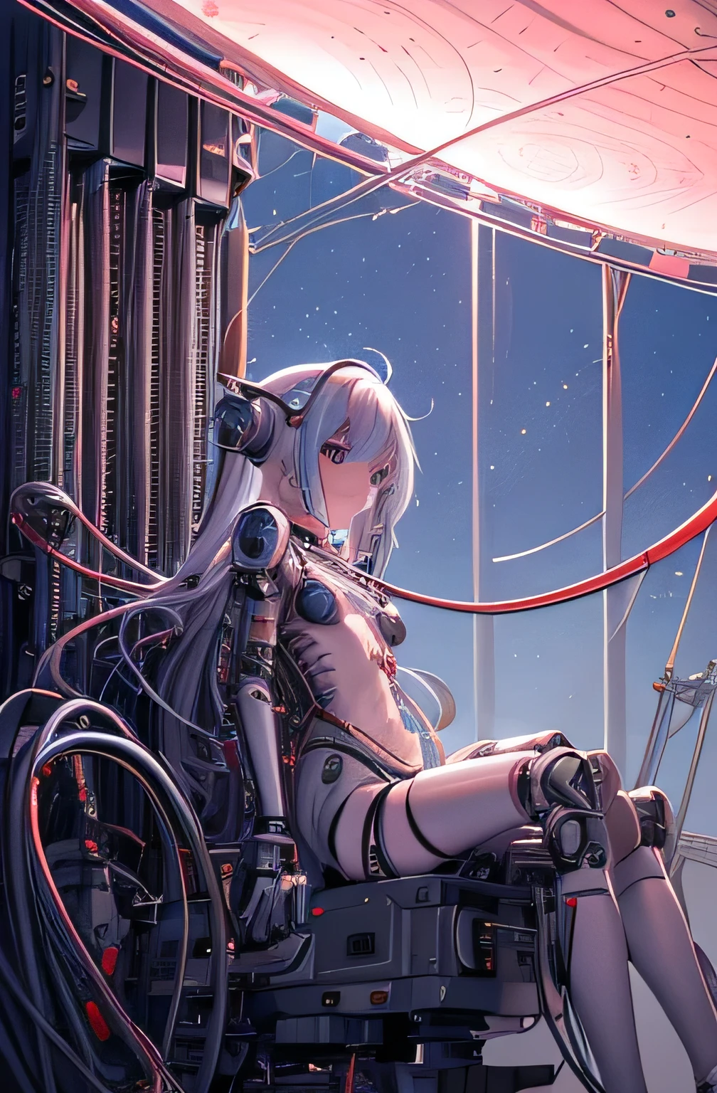 (((masterpiece))), (((Highest quality))), ((Very detailed)), (Highly detailed CG illustrations), ((Very delicate and beautiful)),(From the side),Cinematic Light,((1. Machine Girl)),alone,whole body,(Machine made joints:1.2),((Mechanical limbs)),(Blood vessels connected to tubes),(Mechanical vertebrae attached to the back),((Cervical vertebrae mechanically attached to the neck)),(Sitting),Expressionless,(Wires and cables around the neck:1.2),(Cable connected to tailbone)、(Overhead wires and cables:1.2)(Character Focus),sf,Very detailed,colorful,Most detailed、A starry sky, mysterious,Outdoor、 Awe-inspiring expressions, Dynamic pose、 The blood vessels of the machine connected to the groin、ceremony、Giant planet in the background、Inspiration, ３One month, bangs,poker face,Cables connected to nipples,Tube leading to vagina、toples-shaped legs、 Inside the spaceship, Starry Sky, Fine , On the water, Ocean, ancient ruins、Big Clouds,Colored glaze,Dynamic composition、Huge spaceship、Mechanical veins connecting the spacecraft to the body、Fisheye Lens、
