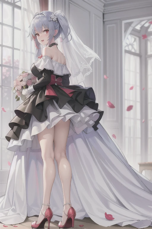 prinz eugen \(warship girls r\)，(((Best quality))), ((Ultra-detailed)), ((illustration)), ((Disheveled hair)), ((frilld)), (1 girl),(Solo),1girl, blurry_background, blurry_foreground, bridal_veil, cherry_blossoms, clothes_lift, confetti, depth_of_field, dress, dress_lift, falling_petals, flower, high_heels, indoors, lifted_by_self, long_hair, looking_at_viewer, looking_back, open_mouth, petals, red_hair, rose_petals, skirt_hold, smile, solo, stairs, standing, veil, wedding_dress, white_dress, white_footwear, rating:safe, :d, blush, breasts, curtains, frilled_dress, frills, from_behind, full_body, hair_flower, hair_ornament, kneepits, legs, logo, medium_breasts, motion_blur, off-shoulder_dress, off_shoulder, silver_hair, red_eyes, shadow, sidelocks, sleeveless, wind, window, blurry