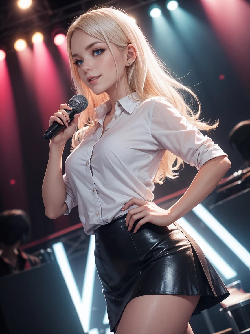 The mysterious image of a woman named Marina, a Russian with smooth white skin, bright blue eyes, long naturally shiny platinum blonde hair. Marina has a delicate face, high nose, pink lips, a radiant smile, a large bust, holding a microphone, wearing a short-sleeved white shirt, a tight-fitting leather skirt (black), long legs, black high heels, performing on a music stage (walking posture), full view shot (wide angle shot) from the front of the stage.
