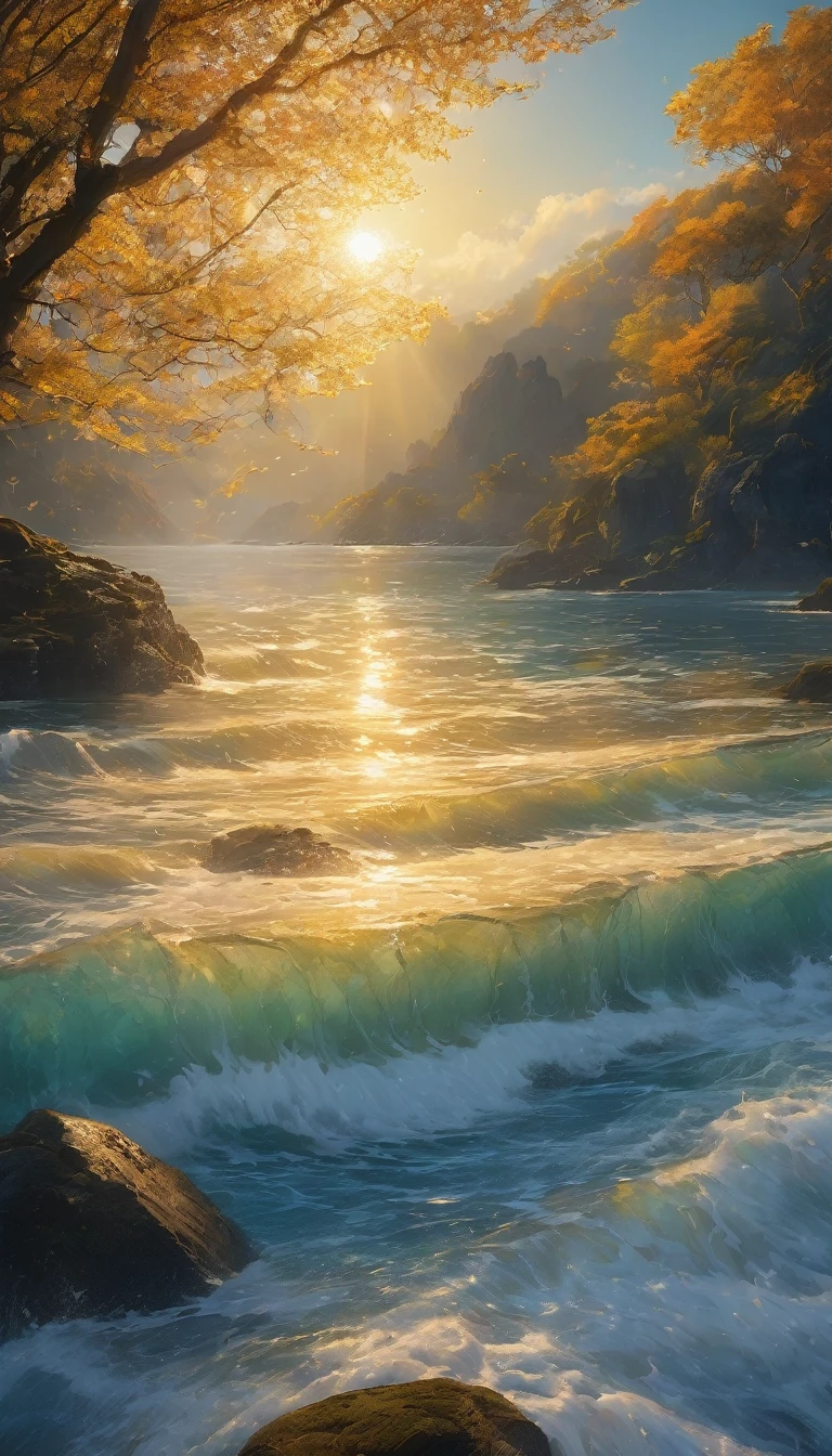 8K Ultra HD, the apple crown 8K Ultra HD, ultra-realistic, In the gentle embrace of the tranquil waters, behold a mesmerizing spectacle - the ripples dancing in perfect harmony, converging into the shape of a crown, Each droplet, like a painter's brushstroke, contributes to this exquisite masterpiece of nature's artistry, The crown-shaped pattern shimmers with a mesmerizing radiance, reflecting the sun's golden hues and the azure of the sky above, As the waves gently caress the shore, the crown's form remains fleeting, yet etched forever in the memories of those fortunate enough to witness this enchanting sight, The water's embrace creates a symbol of love and serenity, reminding us of the profound beauty and magic that nature can bestow upon us, by yukisakura, highly detailed,