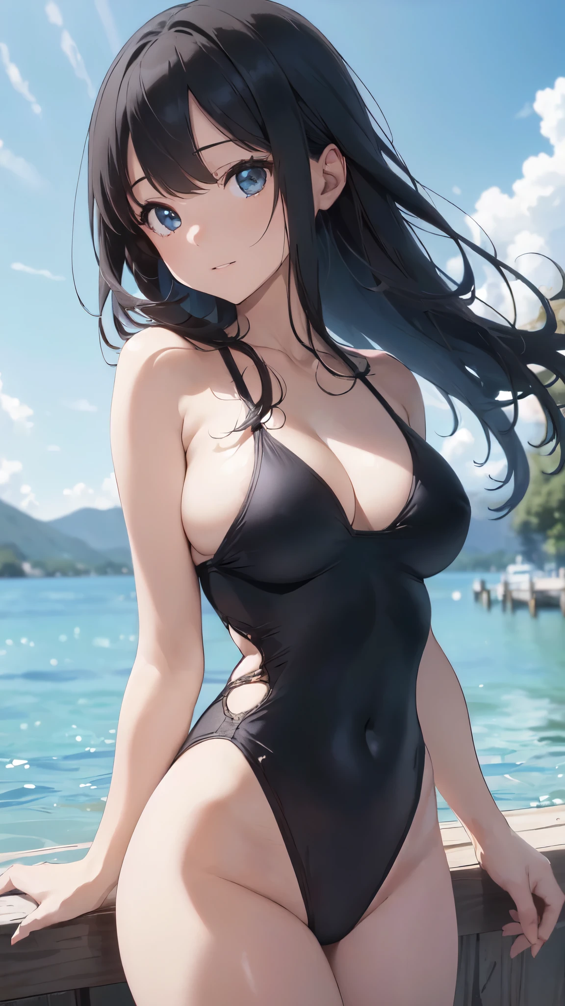 (((4K,masterpiece,best quality,ultra detailed,high resolution))),(daytime,clear weather,front light),((solo)),looking viewer,(beautiful girl),(black hair,medium hair),(beautiful detailed face,beautiful detailed eyes),(finely detailed skin,fair skin),slender,light smile,shy,(competition swimsuits,light-cyan swimsuits),(on the beautiful lake,beautiful sky),((cowboy shot)),from below,(medium breast,perky breast,cleavage,medium hip),