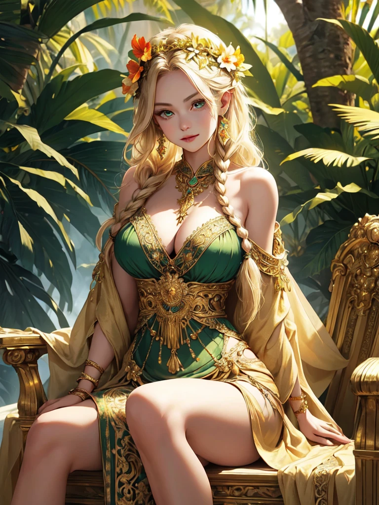 (complex parts),
Sun Ray, depth of field,
ковбойский снимок BREAK 1girl, sitting,
(curvy body), thin waist, wide hips, big hips,
blonde hair, long braided hair, green eyes, pointed ears,
(ornate outfit), revealing dress with gold trim,
(ornate jewelry), Wreath on the head, BREAK throne room gold trim necklace, jungle, hibiscus flowers